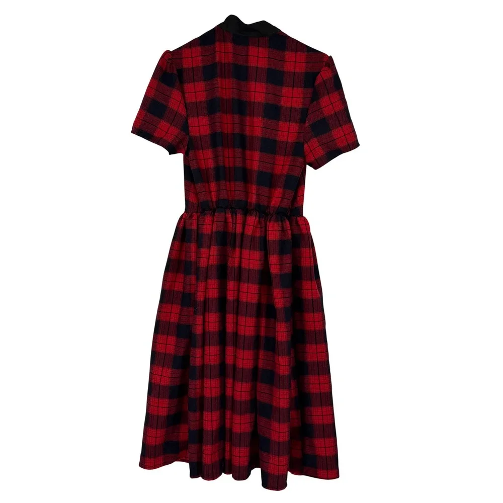 Unique Vintage Red Black Plaid Tie Neck Fit Flare Dress 10-12 Retro Rockabilly - Picture 2 of 5